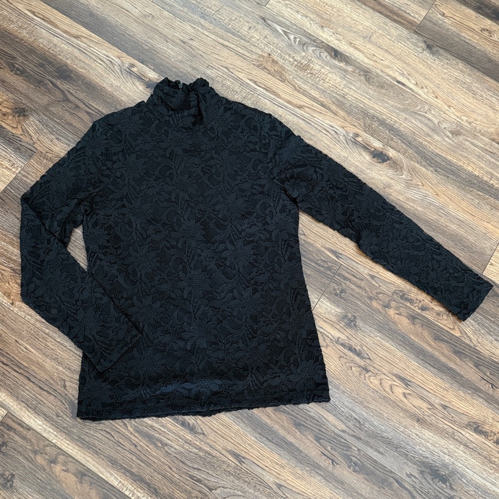 Chico's Elegant Black Lace Blouse. Laila lace turtleneck top. Knit top.